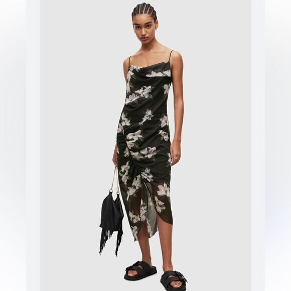 All Saints Ulla Alessandra Midi Black Dress Floral Bodycon Size 2 - Picture 3 of 16